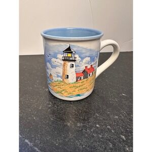 Cape Shore Lighthouse Sailboat Nautical Ceramic Coffee Mug Blue White Coastal
